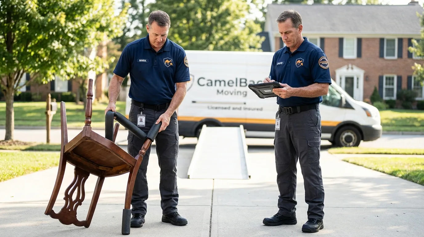 Movers inspecting furniture for damage prevention before loading in Brandywine, MD